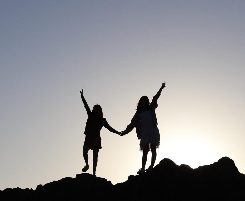 against light, nature, summer, silhouette, children, together, collaboration, people, sunset, sunlight